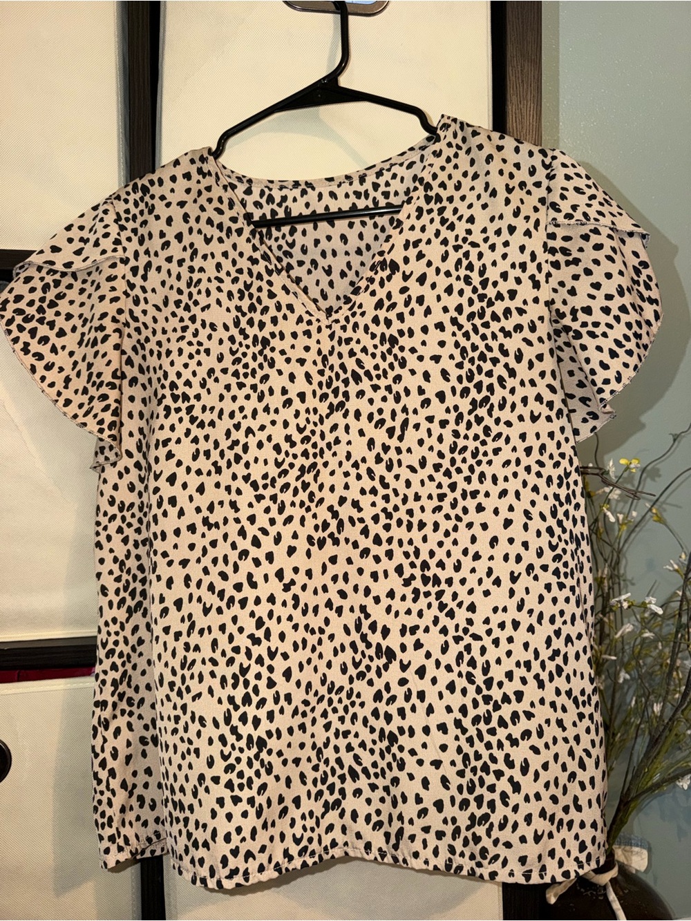SHEIN Cream Blouse with Black Spot Print and Flutter Sleeves